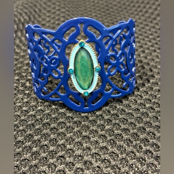 Intricate Blue Cuff Bracelet with Green Accent Rhinestone - Picture 6 of 7